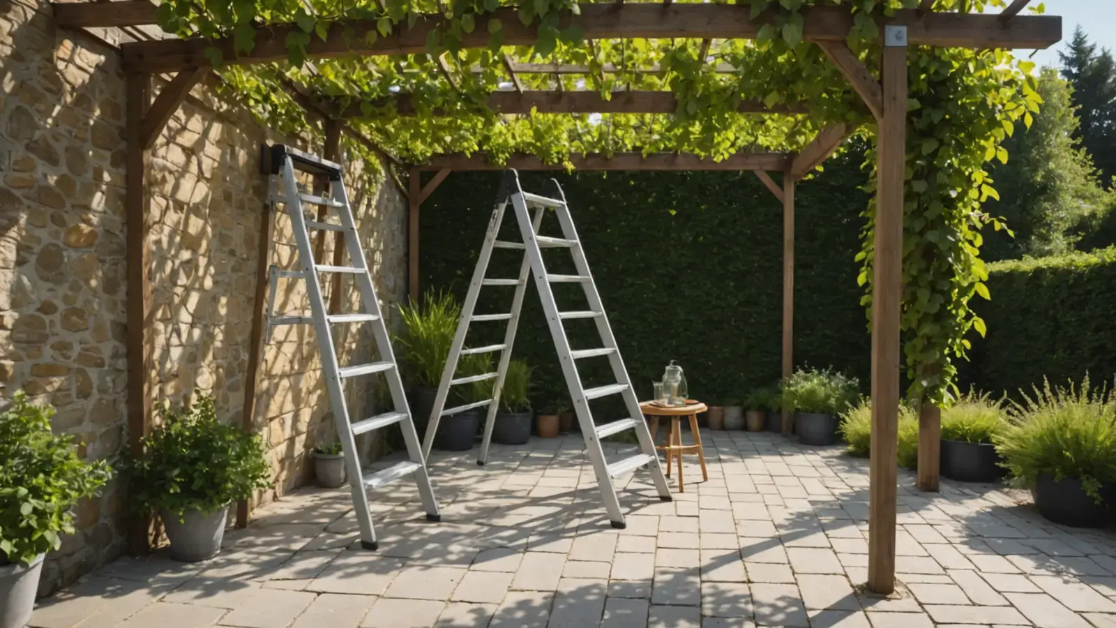 Deux escabeaux en aluminium ouverts sous une pergola couverte de vigne, sur une terrasse en pierre