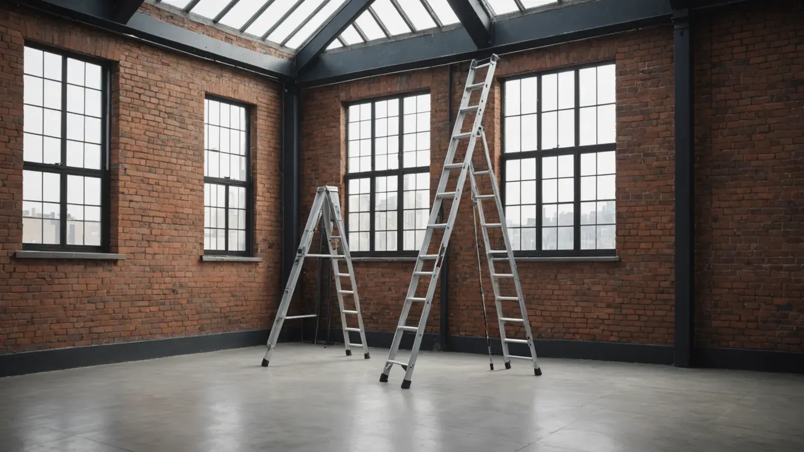 Deux escabeaux en aluminium ouverts dans un loft lumineux aux murs de briques et aux grandes fenêtres