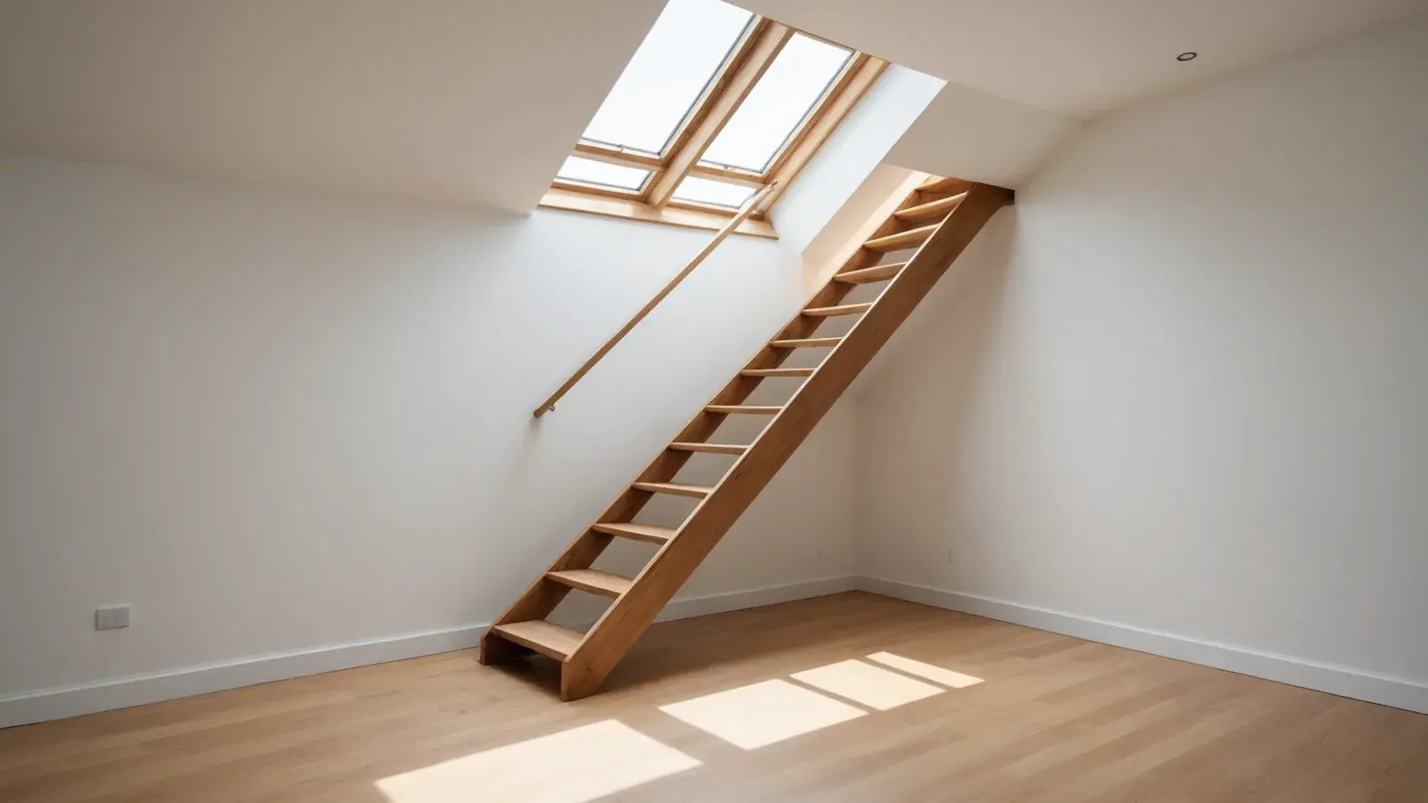 Escalier escamotable en bois déplié jusqu'au sol sous une trémie de toit, dans une pièce blanche ensoleillée