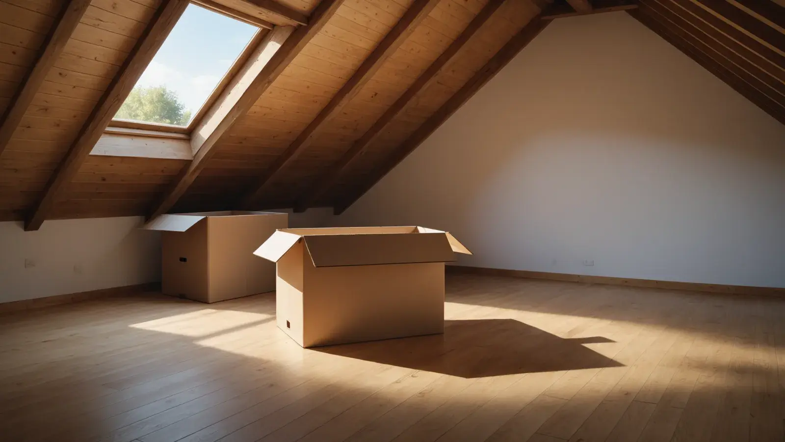 Combles aménagés lumineux avec fenêtre de toit et cartons posés sur le parquet