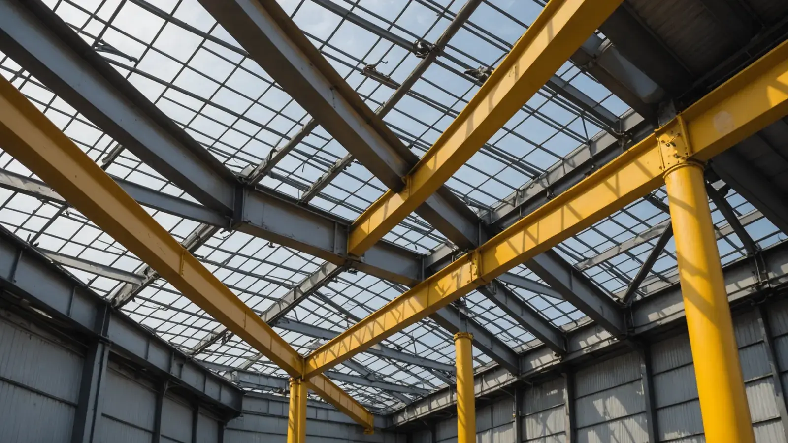 Charpente métallique jaune et verrière d'un bâtiment industriel vues d'en dessous