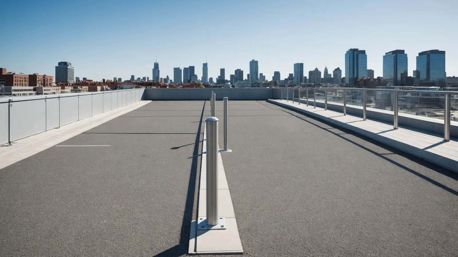 Toit-terrasse d'immeuble bordé de garde-corps vitrés, potelet en inox au premier plan, ville à l'horizon
