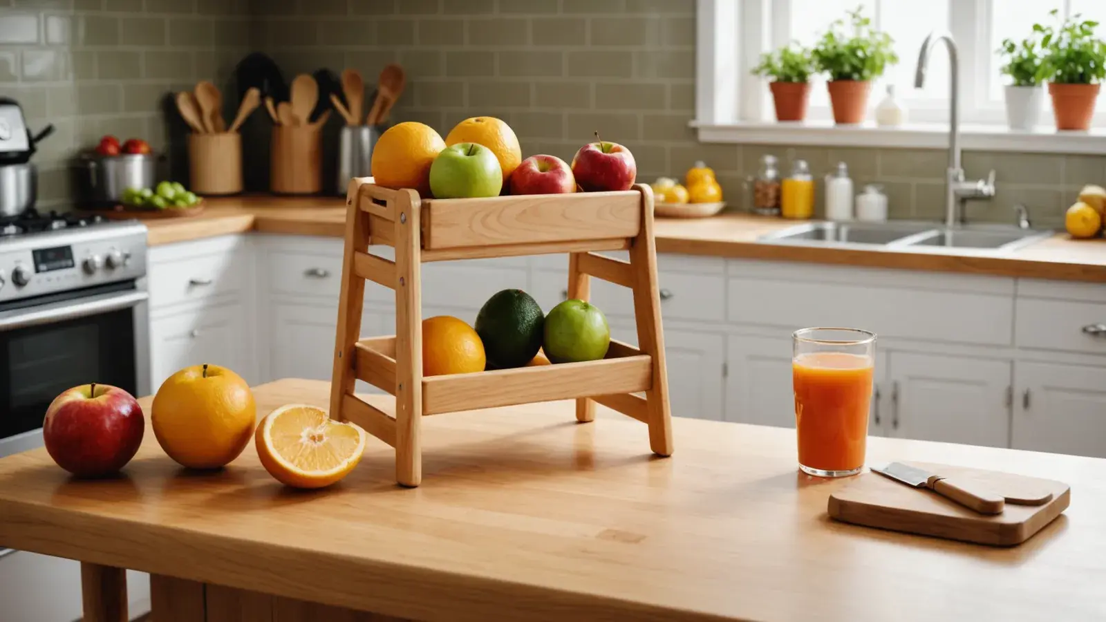 Petit tabouret-marchepied en bois et fruits frais sur le plan de travail d'une cuisine lumineuse