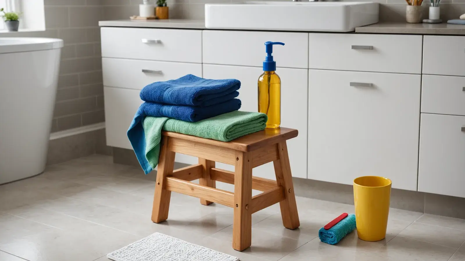 Petit tabouret en bois chargé de serviettes devant les meubles d'une salle de bains lumineuse