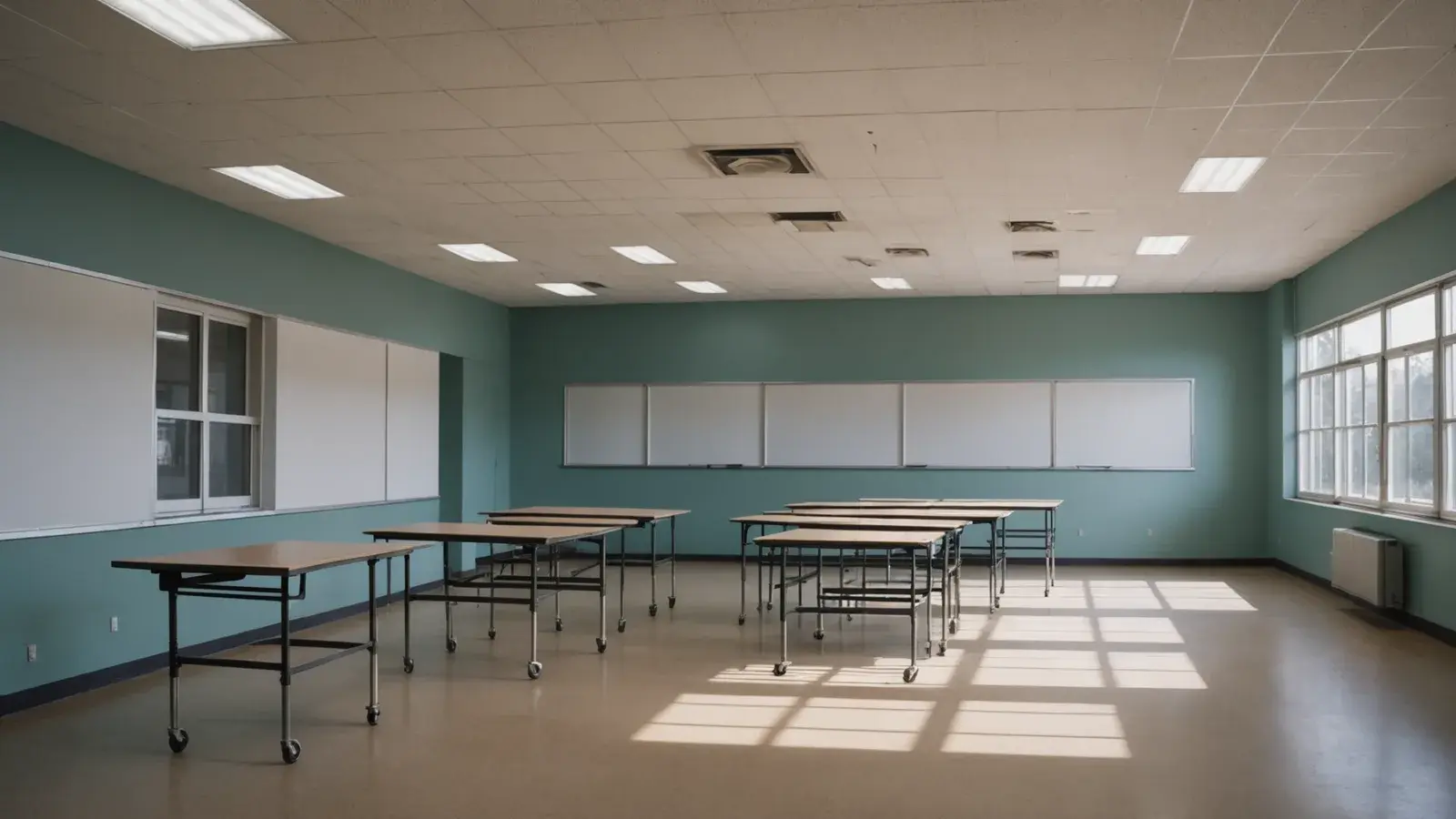 Salle de classe vide en rénovation, dalles de faux plafond en partie déposées