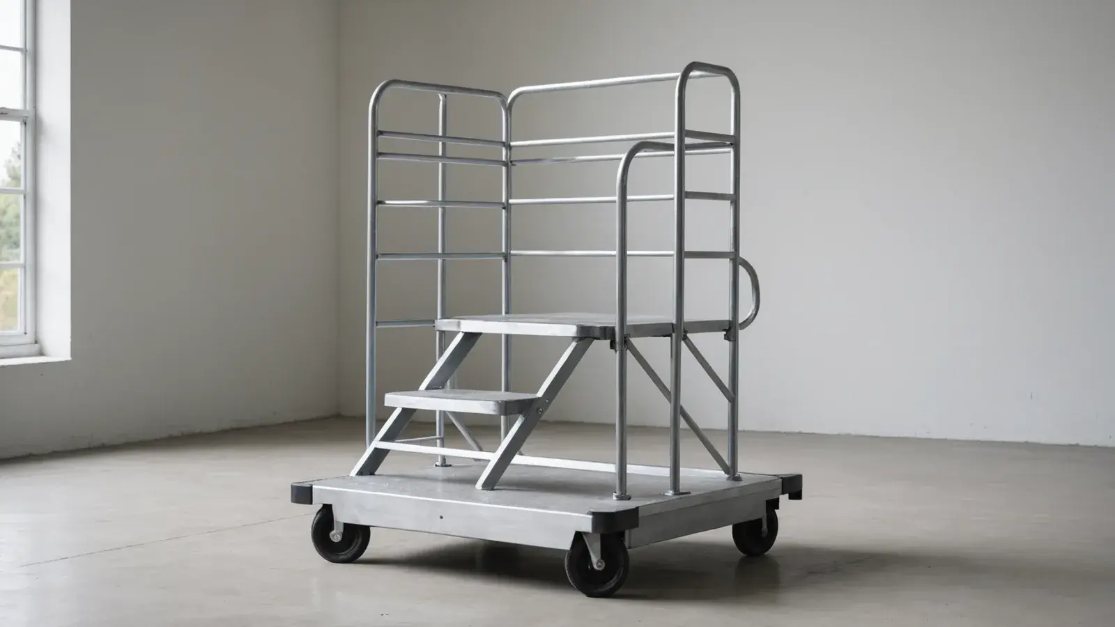 Plateforme roulante en aluminium à marches et garde-corps, sur roulettes, dans une pièce blanche vide