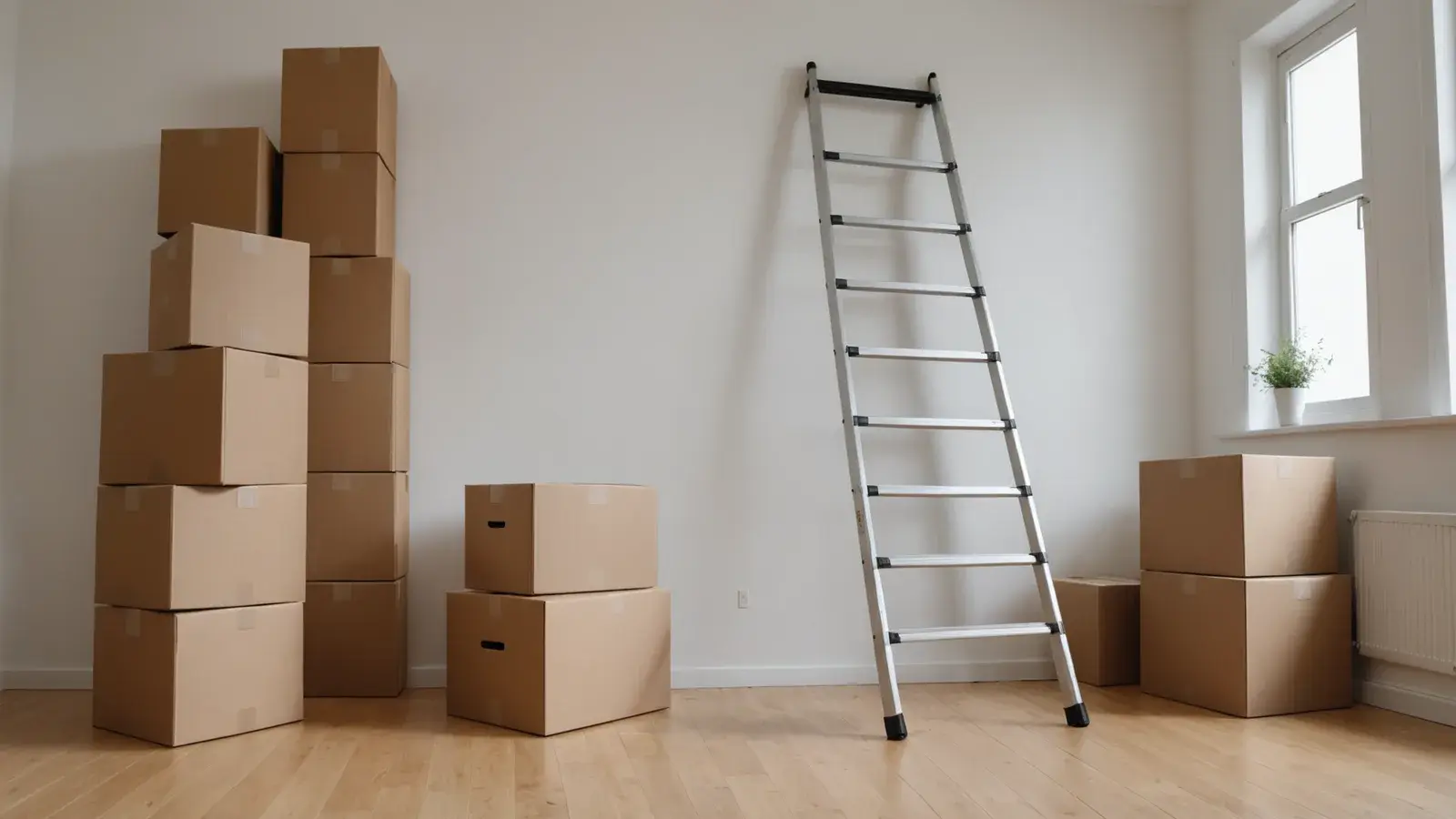 Échelle en aluminium appuyée contre un mur blanc à côté de cartons de déménagement empilés
