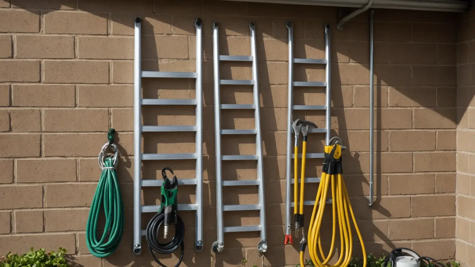 Échelles en aluminium et tuyaux d'arrosage accrochés au mur d'un garage