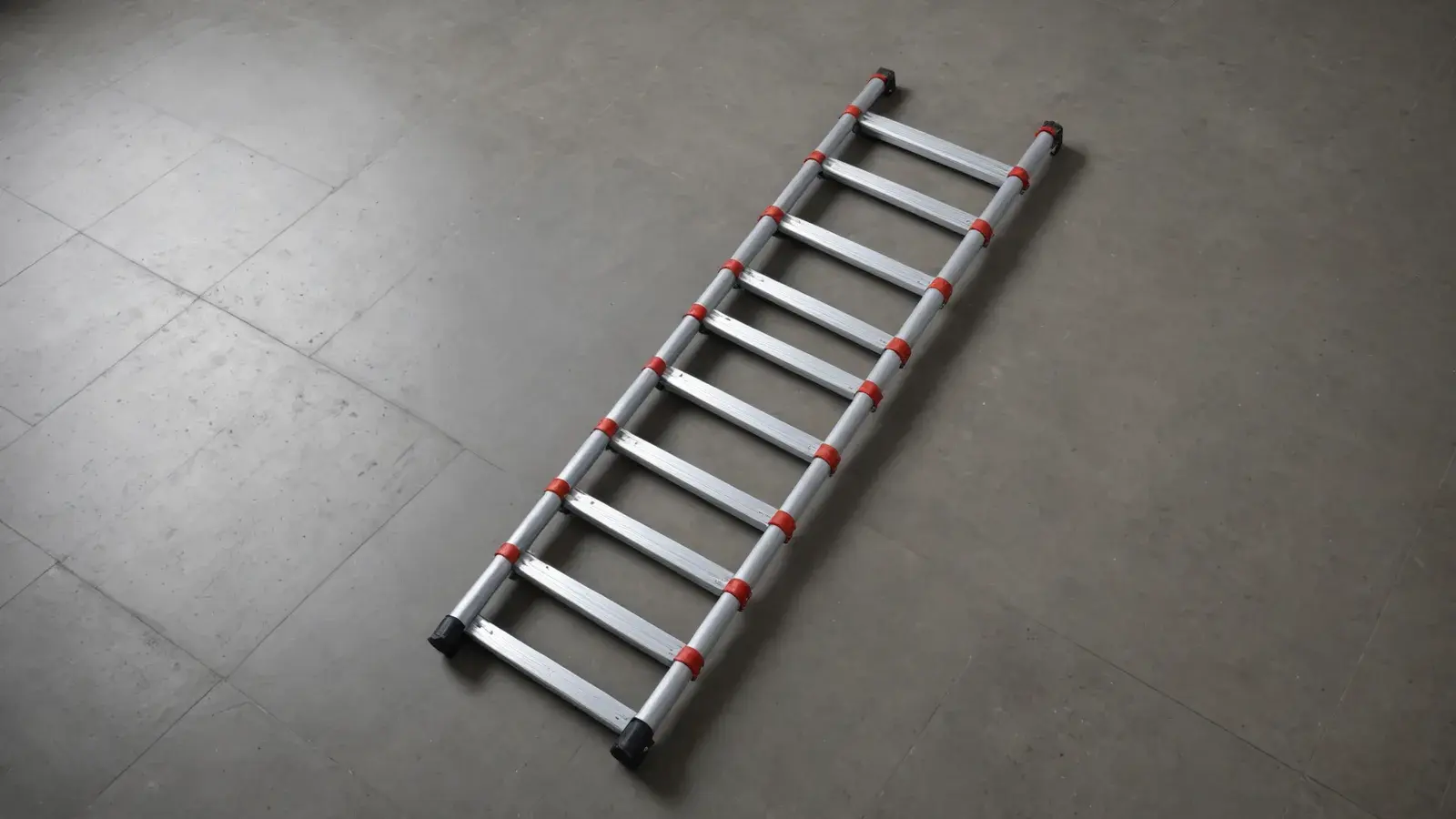 Échelle télescopique en aluminium à bagues rouges posée à plat sur un sol en béton