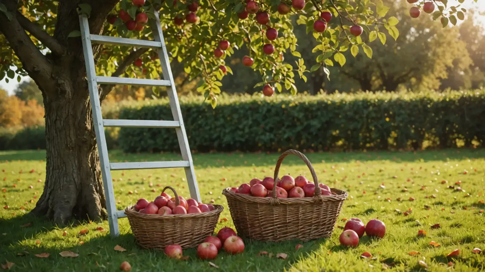Échelle en aluminium appuyée contre un pommier dans un verger, paniers de pommes rouges dans l'herbe
