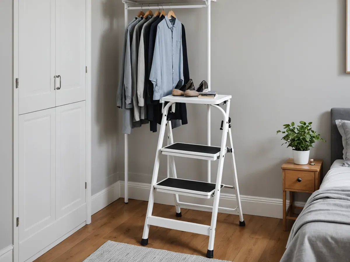Illustration générée par IA d'un marchepied pliant blanc à deux marches, ouvert dans une chambre : ne représente pas le modèle exact