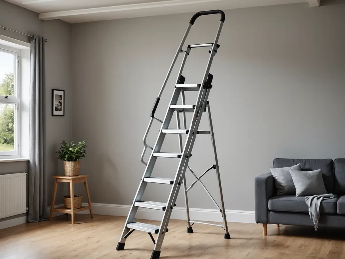 Illustration générée par IA d'un escabeau domestique en aluminium à grand arceau, ouvert dans un salon : ne représente pas le modèle exact