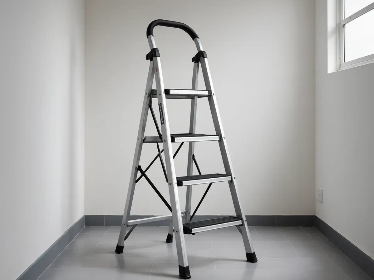Illustration générée par IA d'un escabeau en aluminium à arceau, ouvert dans une pièce vide : ne représente pas le modèle exact