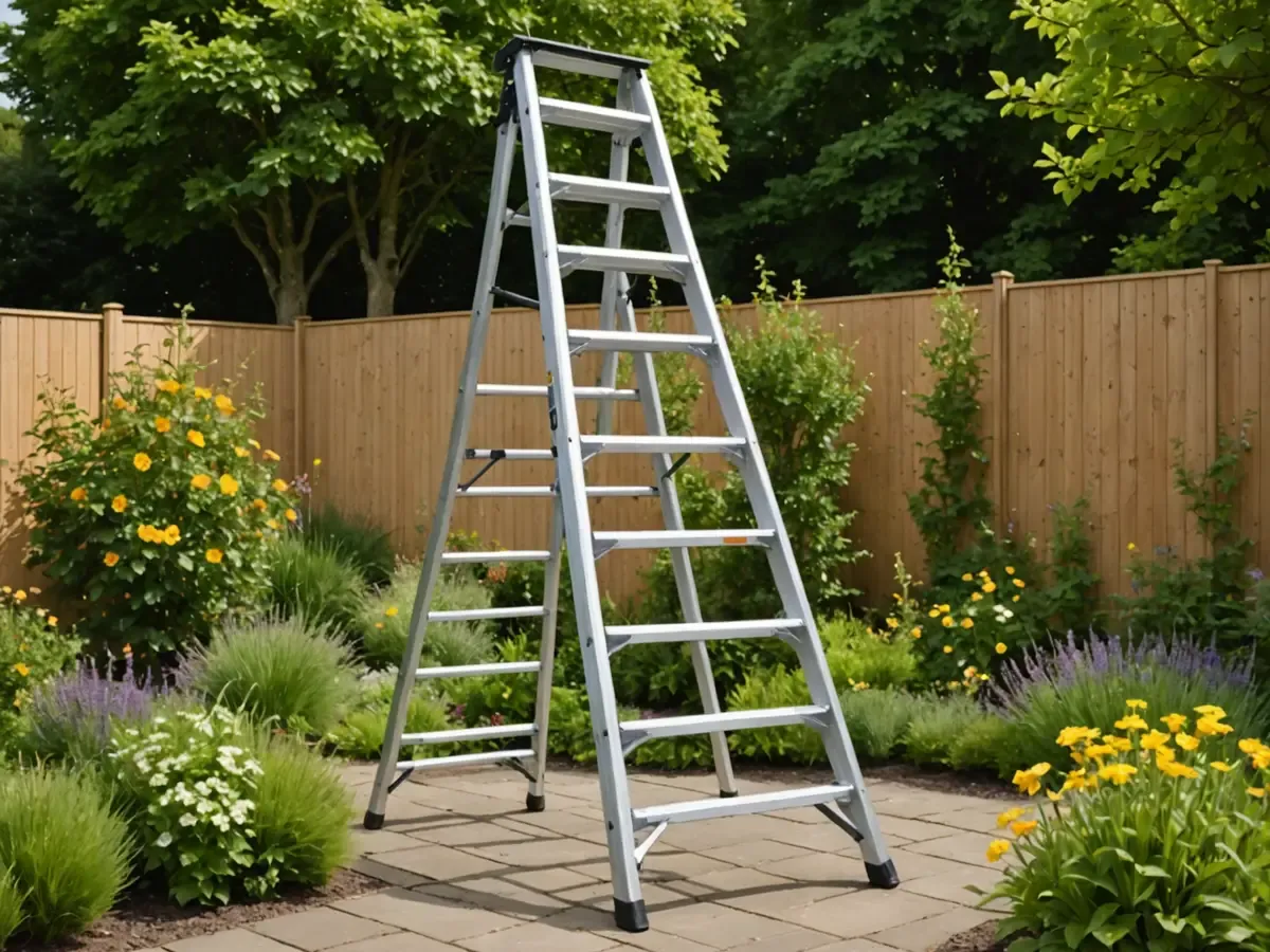 Illustration générée par IA d'une échelle double en aluminium ouverte sur la terrasse d'un jardin : ne représente pas le modèle exact