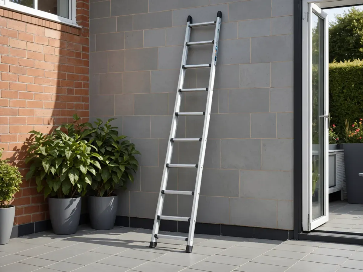 Illustration générée par IA d'une échelle télescopique en aluminium appuyée contre un mur, près d'une porte vitrée : ne représente pas le modèle exact