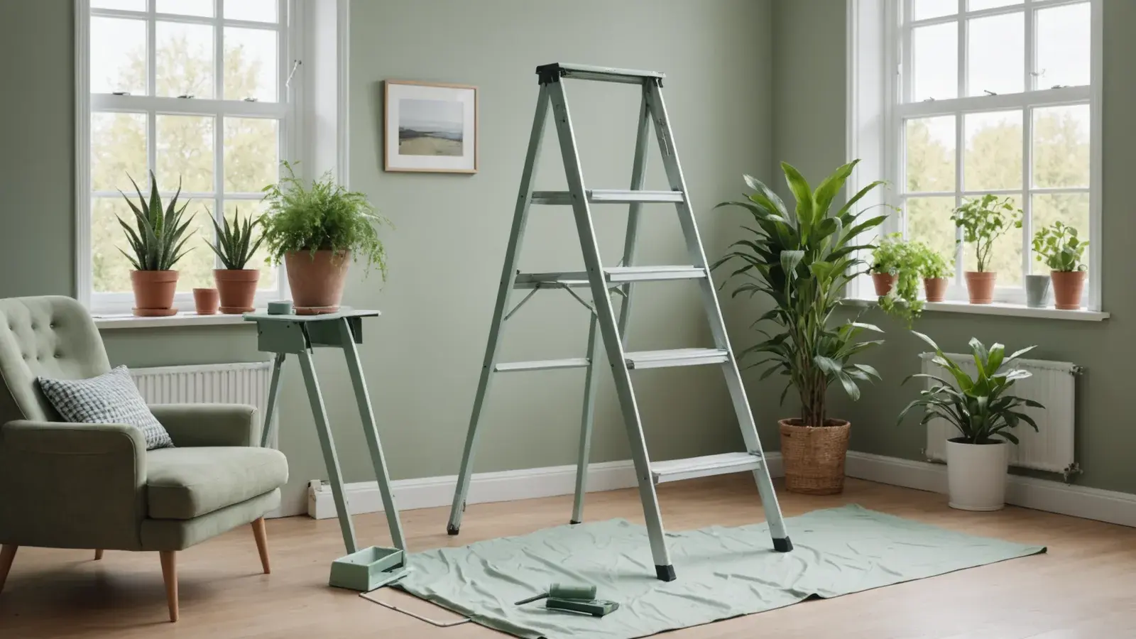Escabeau en aluminium ouvert dans un séjour vert sauge en peinture, plantes vertes et bâche au sol