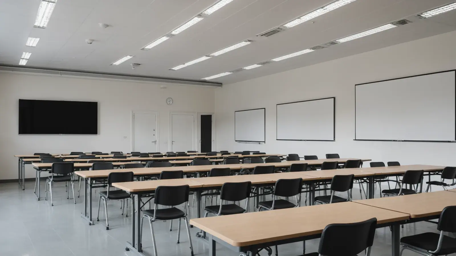 Salle de formation vide, rangées de tables et de chaises face à des tableaux blancs vierges