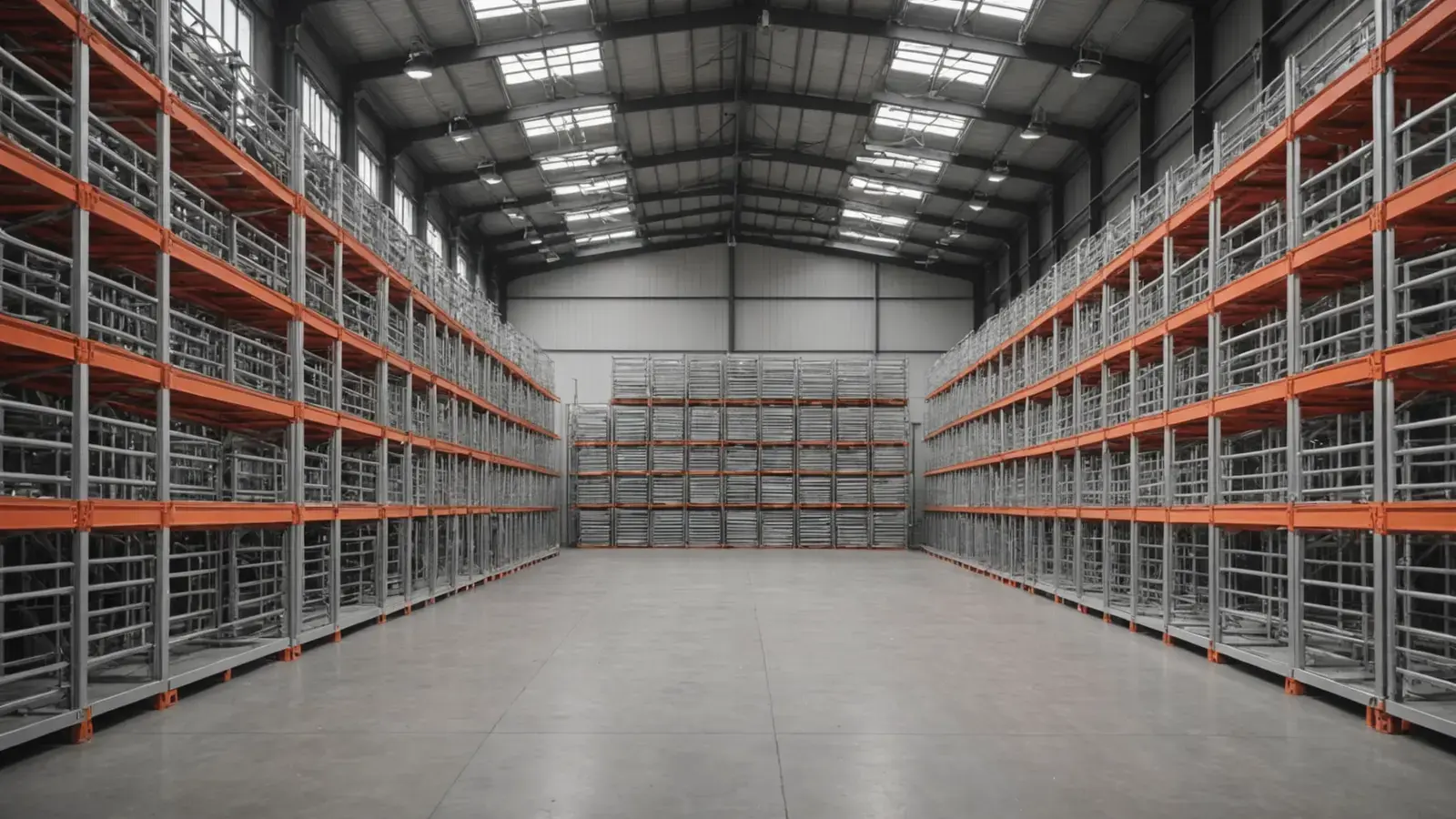 Grand entrepôt aux rayonnages chargés de cadres d'échafaudage en aluminium