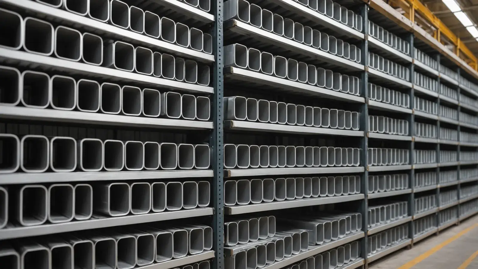 Profilés d'aluminium creux empilés sur des rayonnages d'usine, en perspective