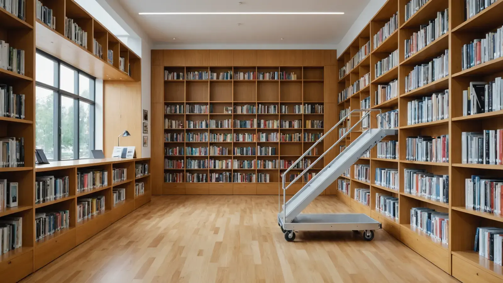 Escalier roulant à garde-corps entre les rayonnages d'une bibliothèque moderne au parquet clair