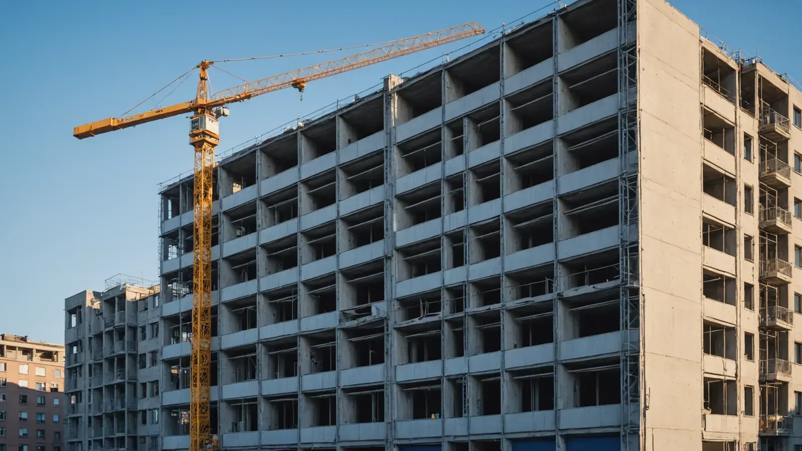 Immeuble de logements en construction aux étages encore ouverts, grue jaune et ciel bleu