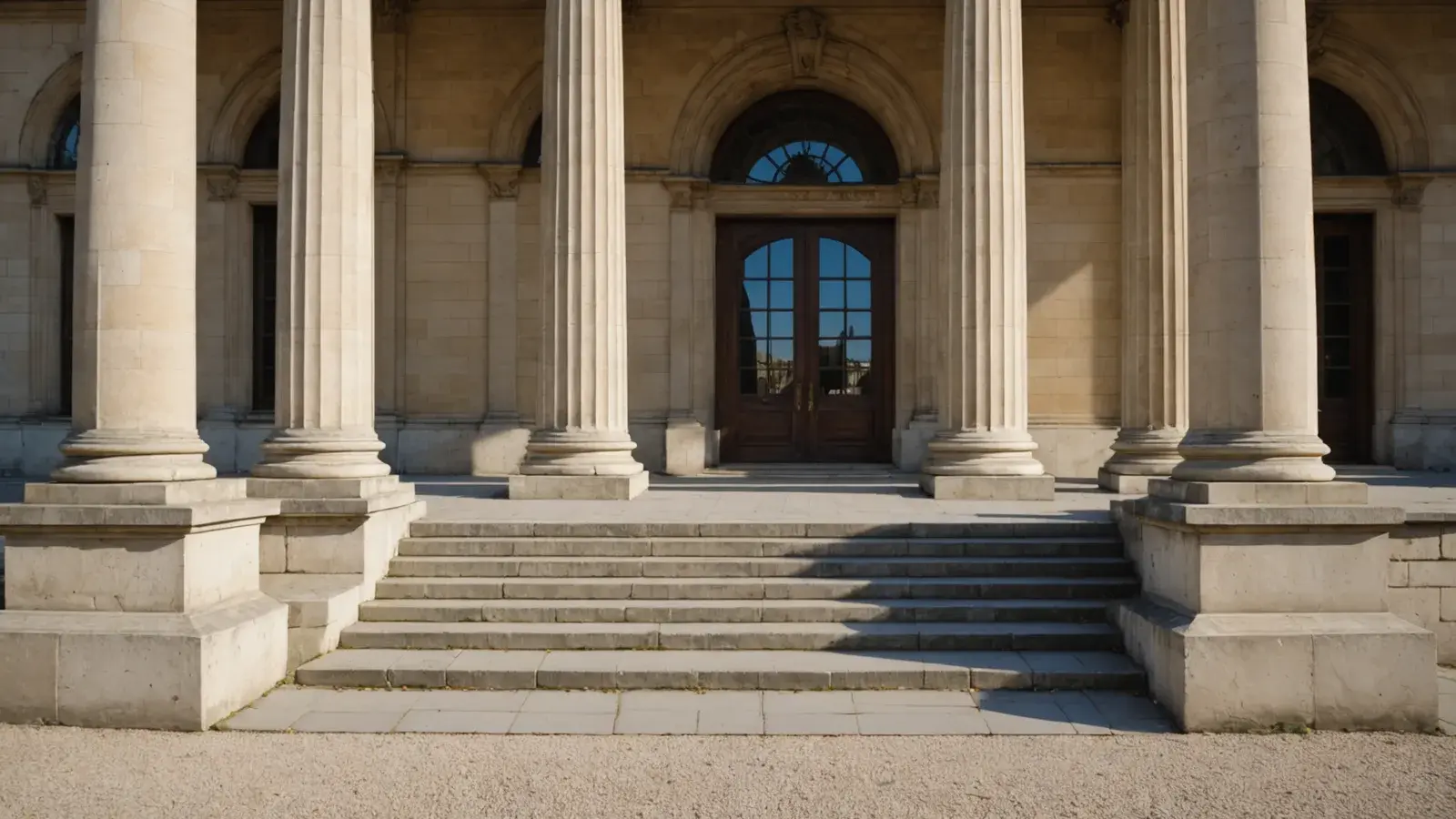 Colonnes et large escalier de pierre d'un bâtiment public, portes vitrées en arc, lumière du matin