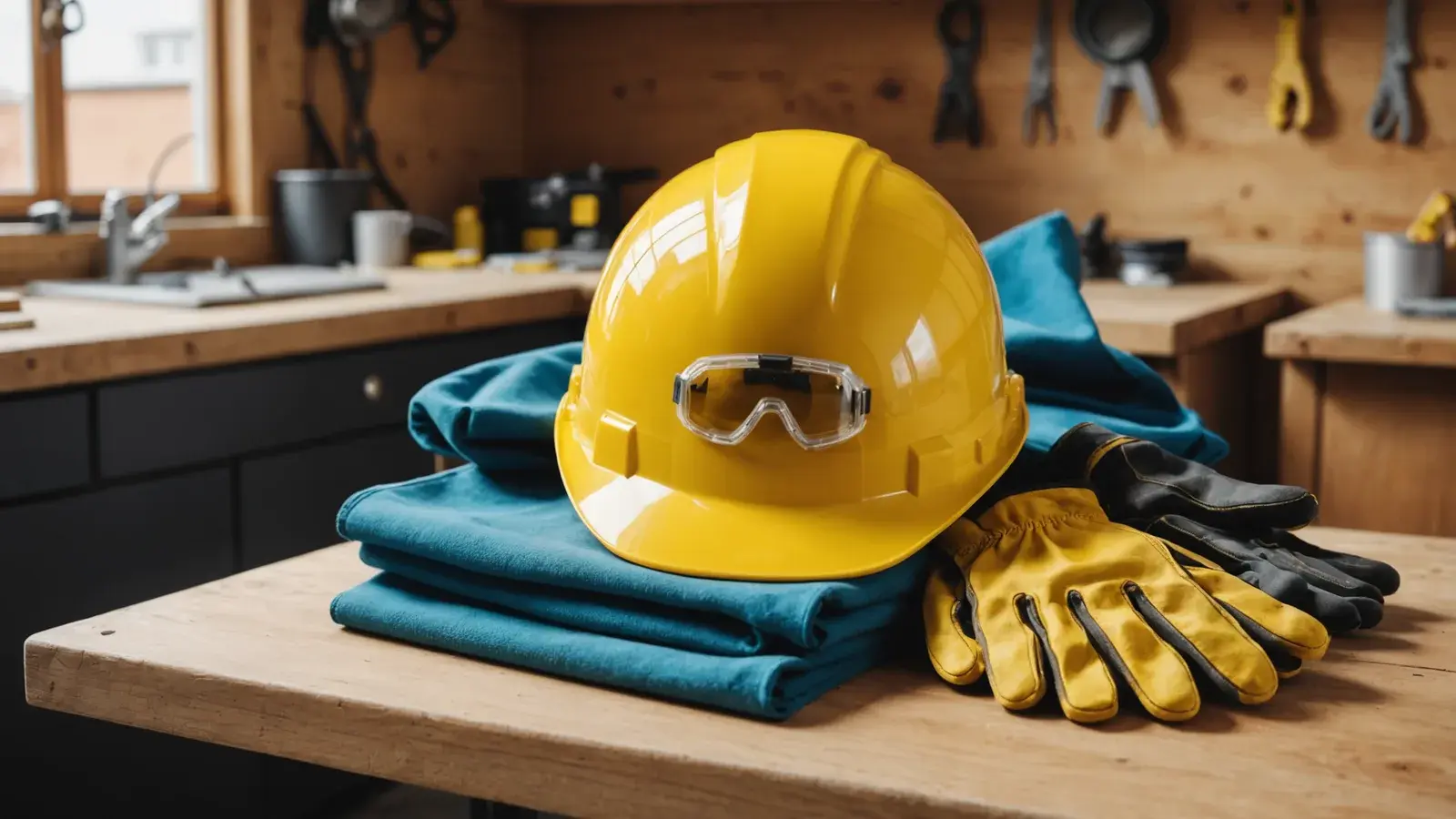 Casque jaune avec lunettes de protection, gants et vêtement de travail posés sur un établi