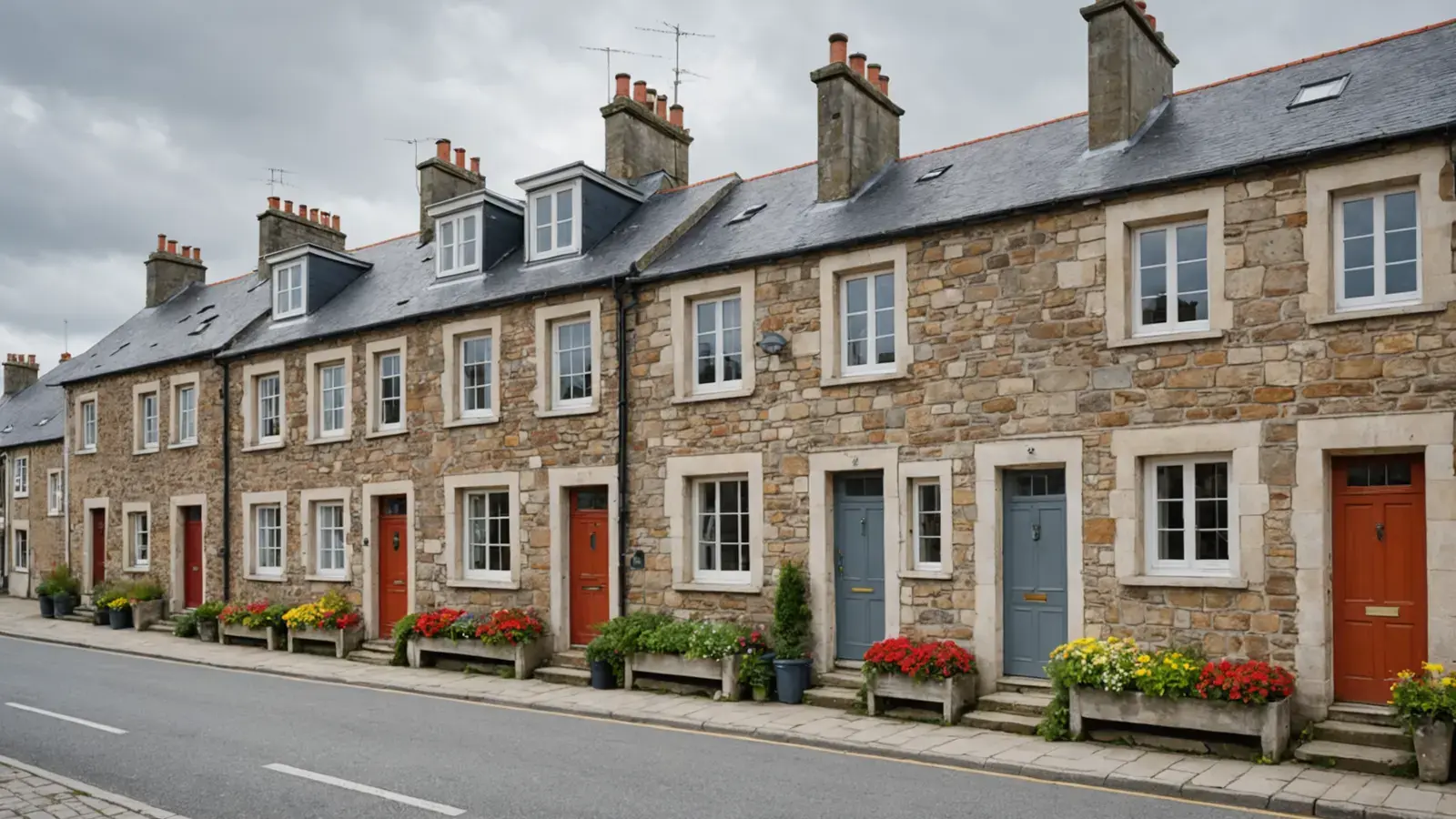 Rue de village breton bordée de maisons en pierre aux portes colorées et jardinières fleuries