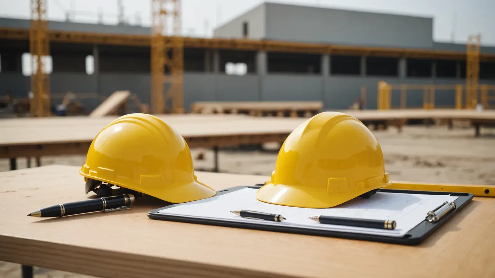 Deux casques jaunes, porte-bloc et stylos sur une table de chantier en bois