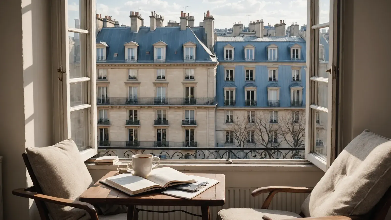 Coin lecture avec fauteuils et tasse de thé devant une fenêtre ouverte sur des immeubles parisiens