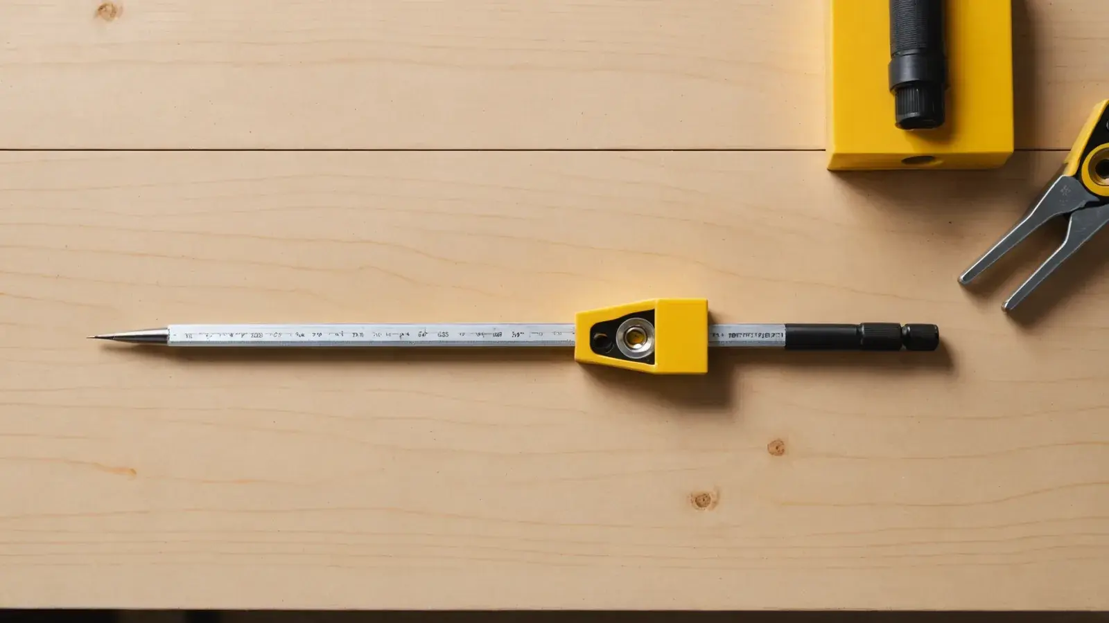 Crayon de charpentier, niveau jaune et pince posés sur un établi en bois clair