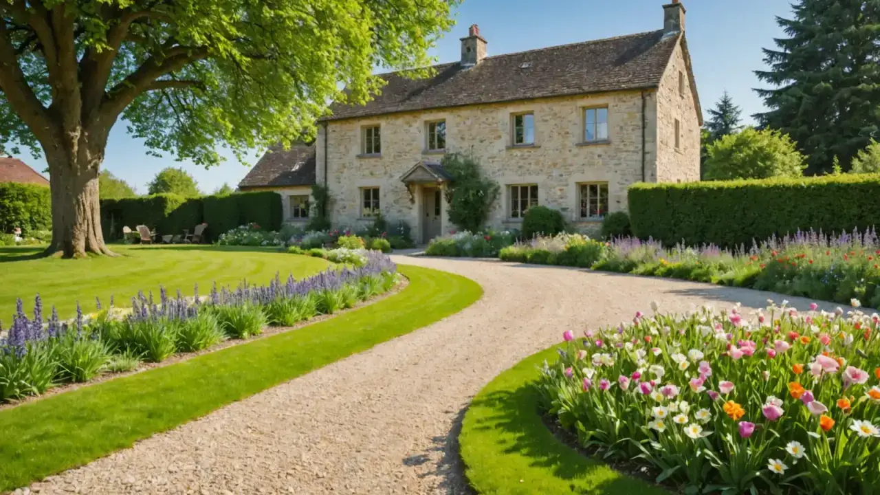 Jardin de printemps devant une maison de campagne en pierre claire, pelouse légèrement vallonnée et allée de gravier, sans échelle ni personne