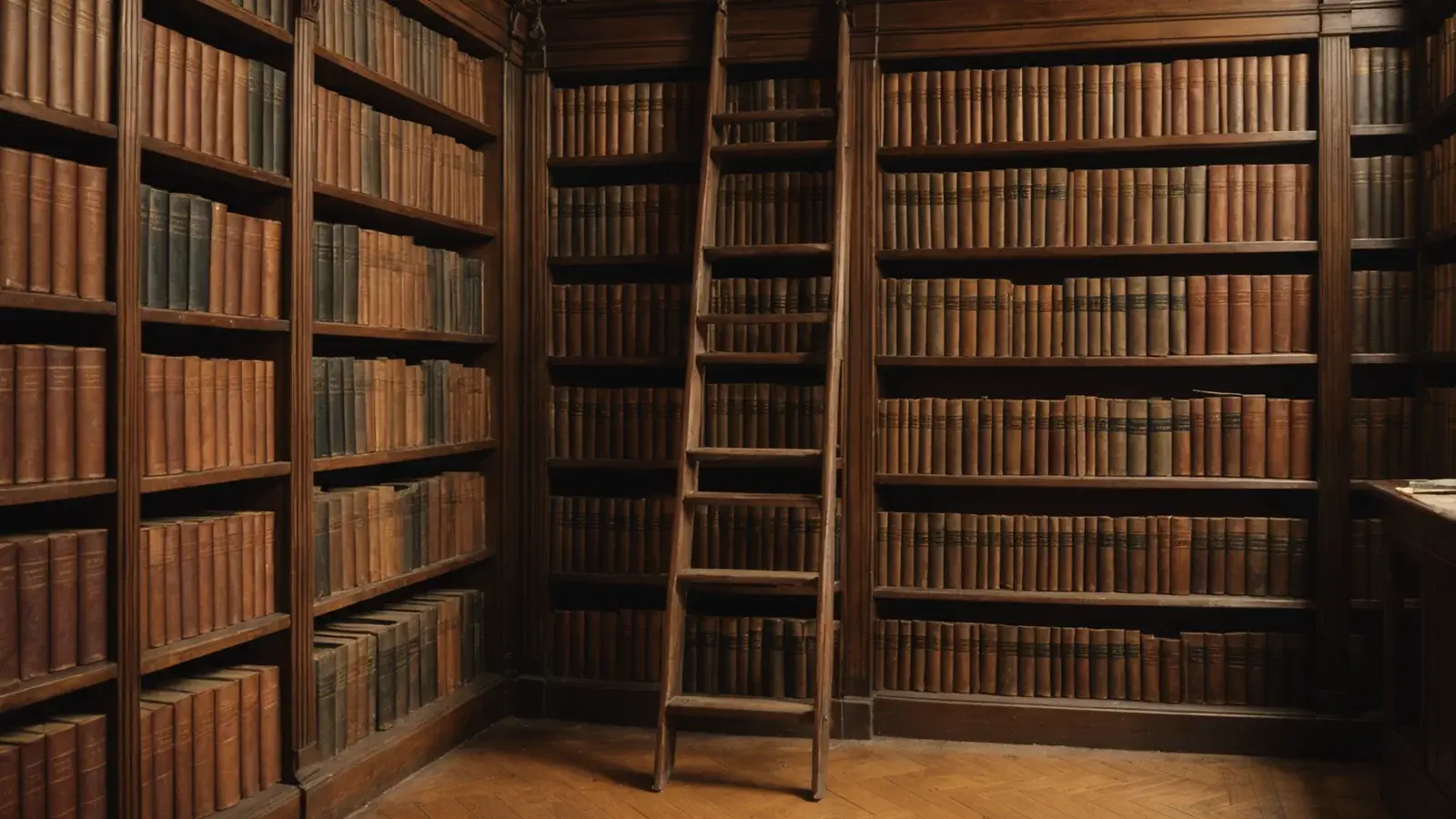 Échelle de bibliothèque en bois sur rail de laiton devant de hauts rayonnages de livres anciens