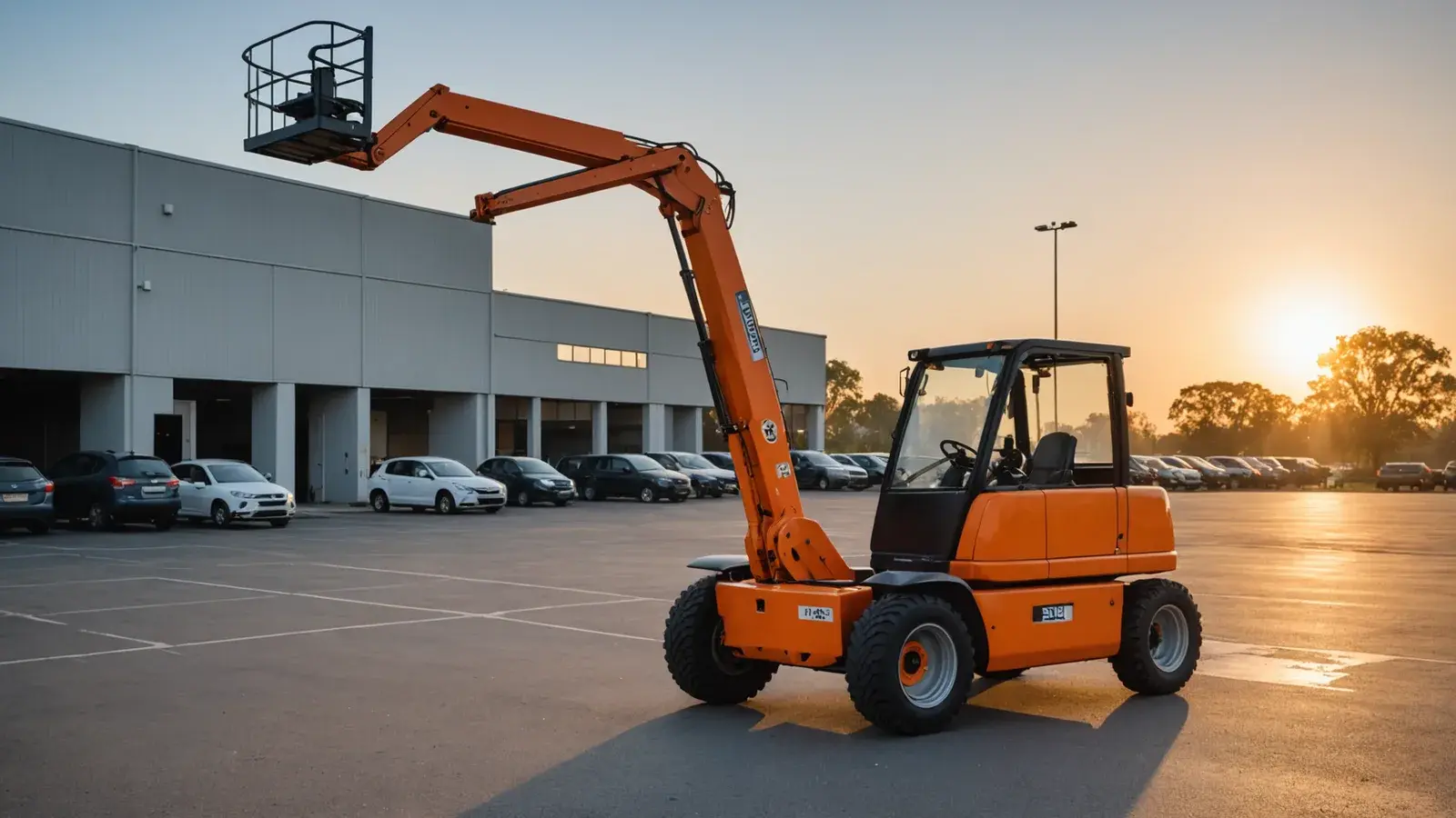 Chariot à flèche orange équipé d'un panier, garé sur un parking vide au lever du soleil