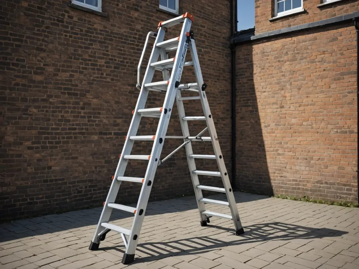 Illustration générée par IA d'une échelle transformable en aluminium ouverte en échelle double sur une cour pavée : ne représente pas le modèle exact