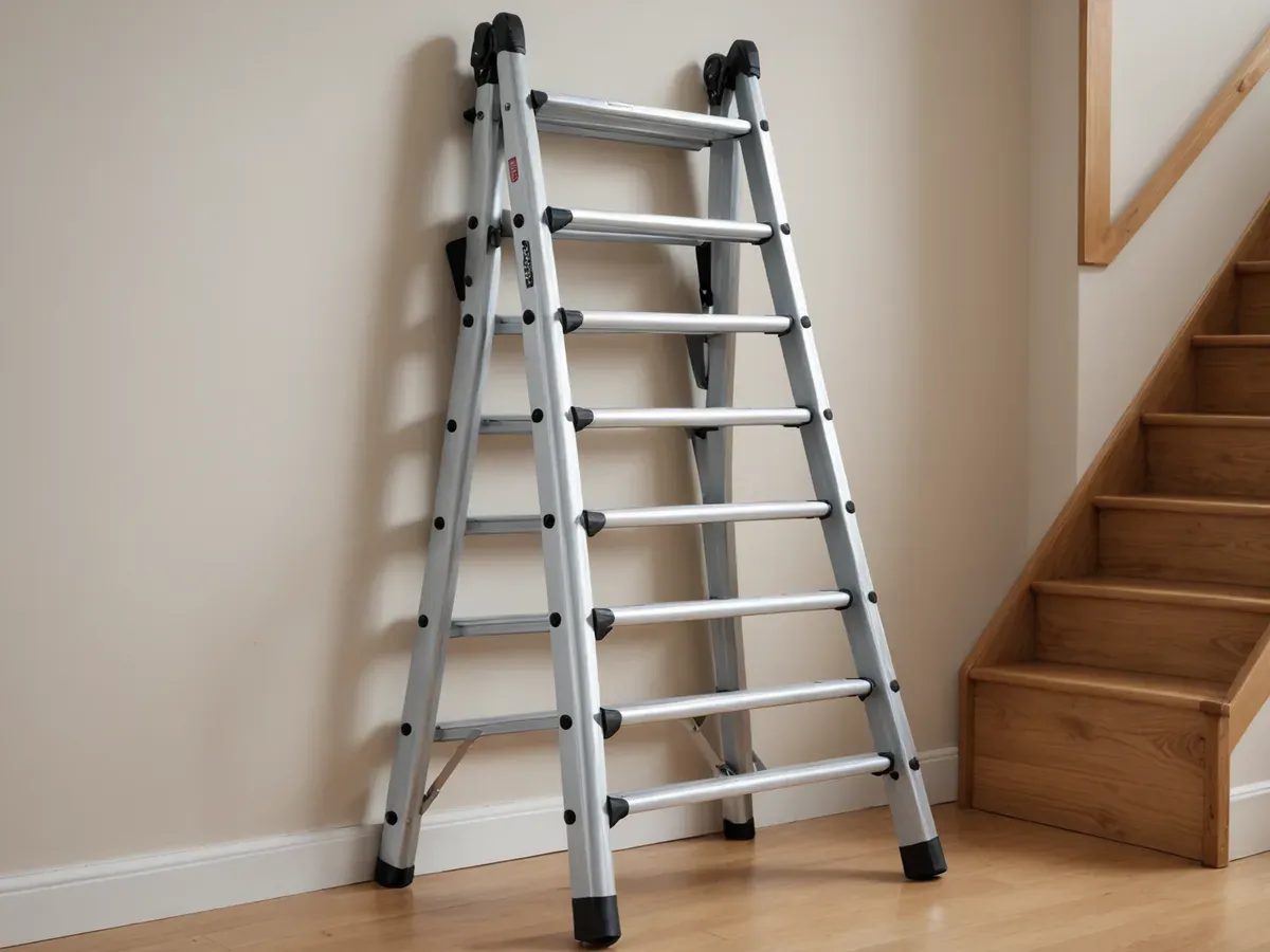 Illustration générée par IA d'une échelle multiposition pliée, appuyée au pied d'un escalier en bois : ne représente pas le modèle exact