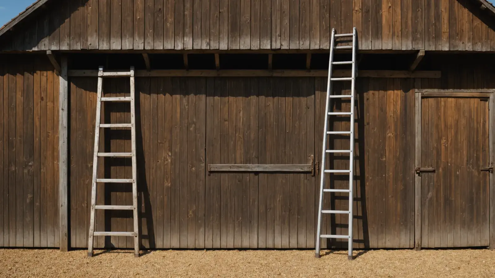 Deux échelles, en bois et en aluminium, appuyées contre la façade d'une grange en bois