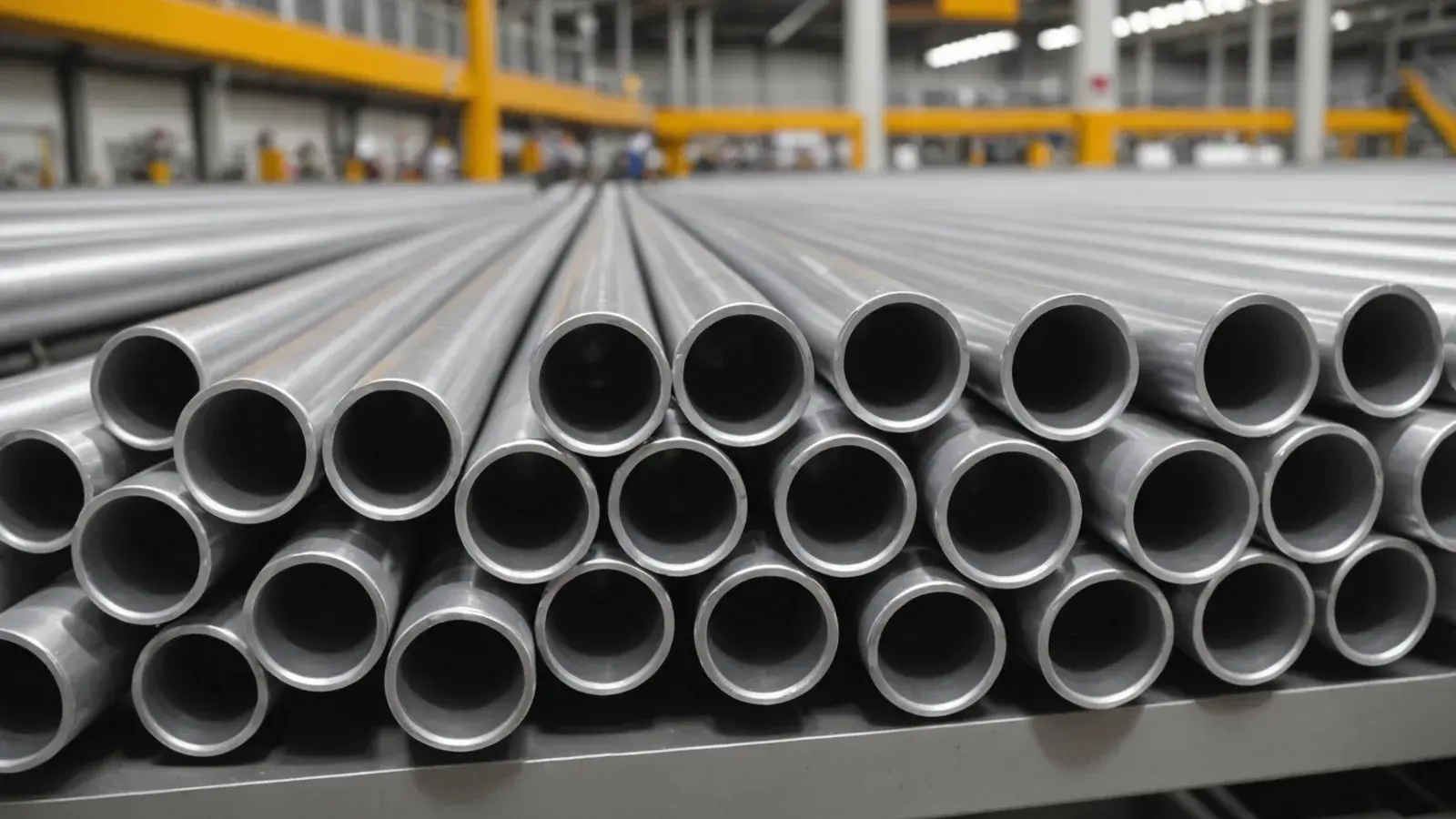 Tubes d'aluminium empilés sur une ligne de production d'usine