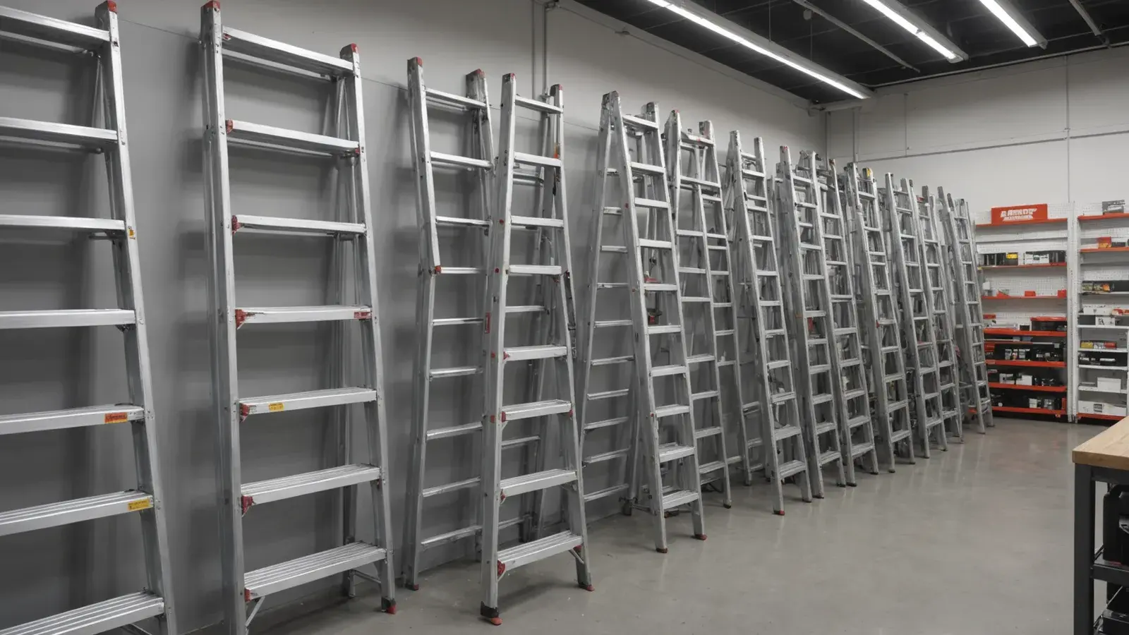 Rangée d'échelles en aluminium exposées dans un magasin de bricolage lumineux