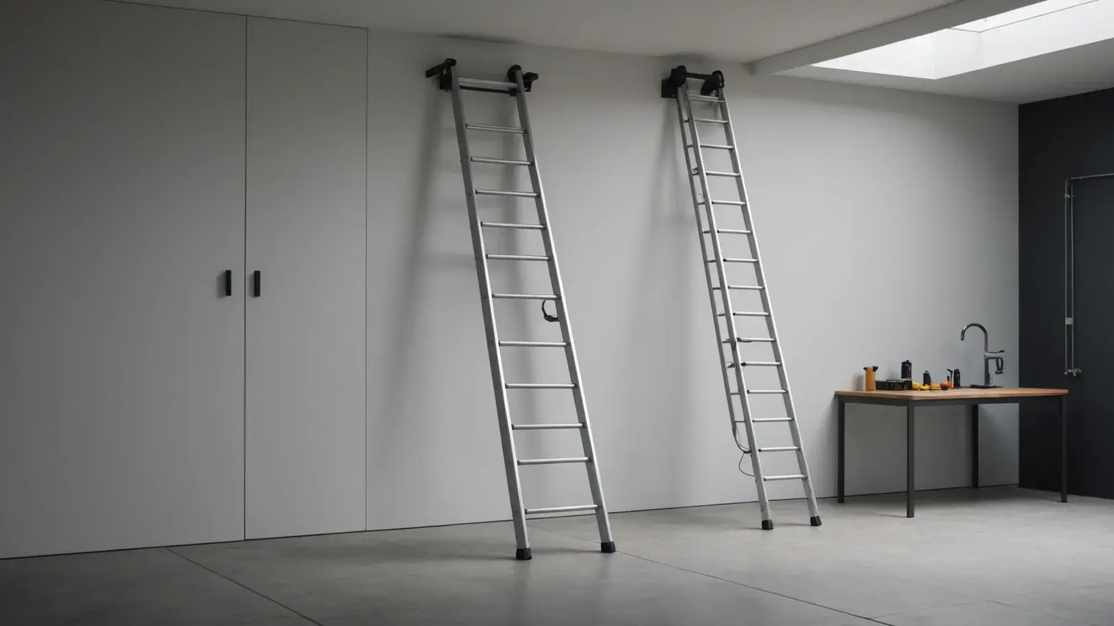 Deux échelles en aluminium suspendues au mur d'un garage moderne et dépouillé
