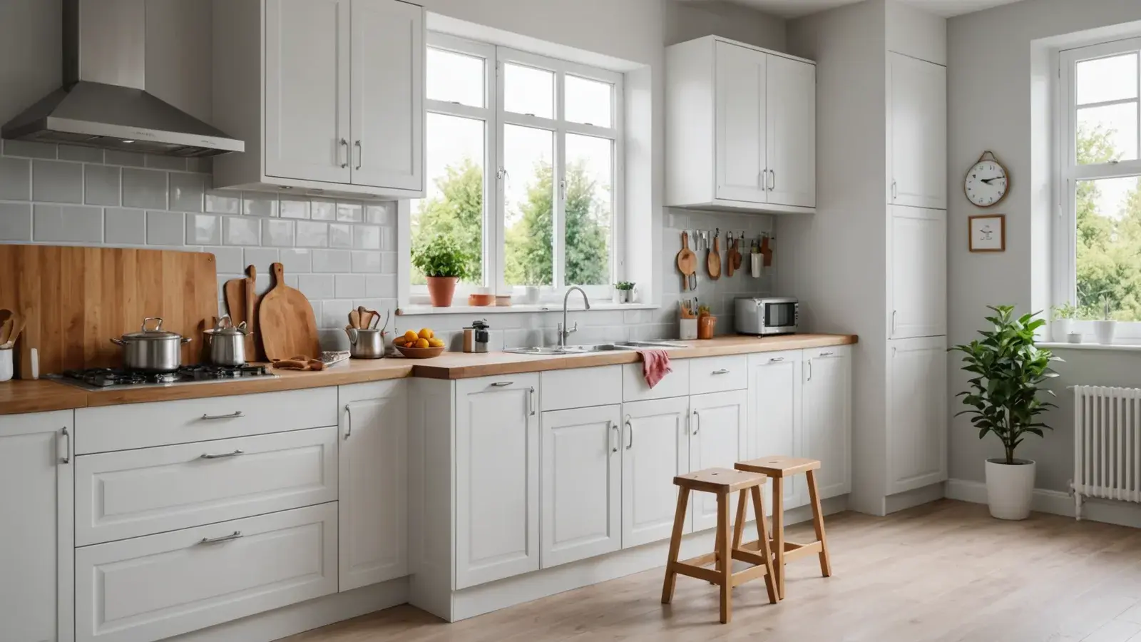 Cuisine claire aux placards hauts blancs, plan de travail en bois et deux tabourets en bois, sans personne