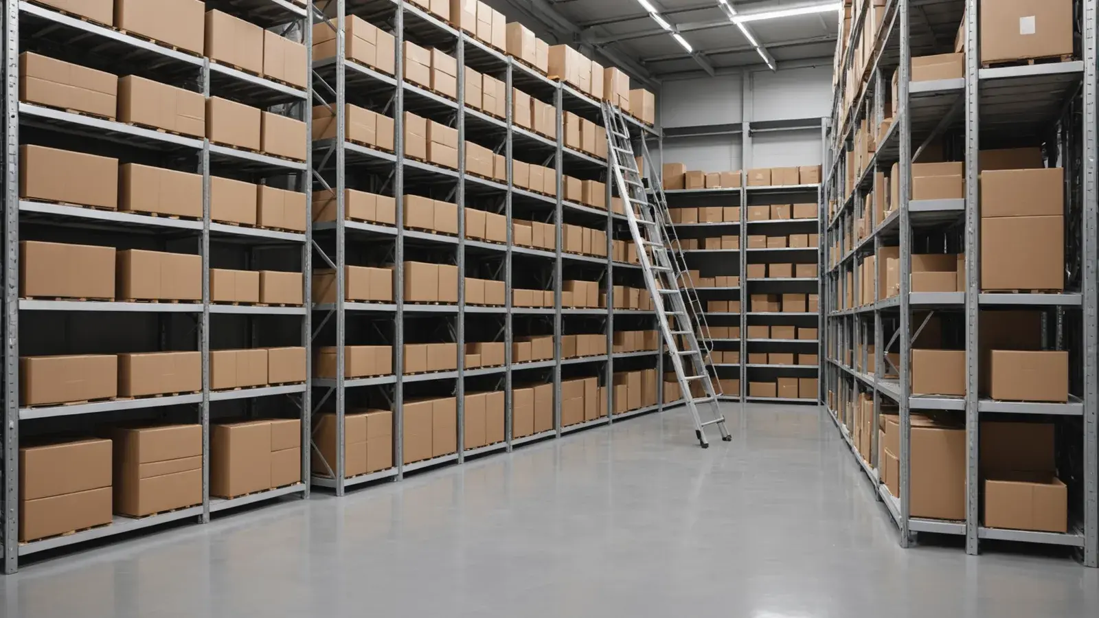 Rayonnages chargés de cartons dans un entrepôt clair, une échelle en aluminium appuyée contre une travée