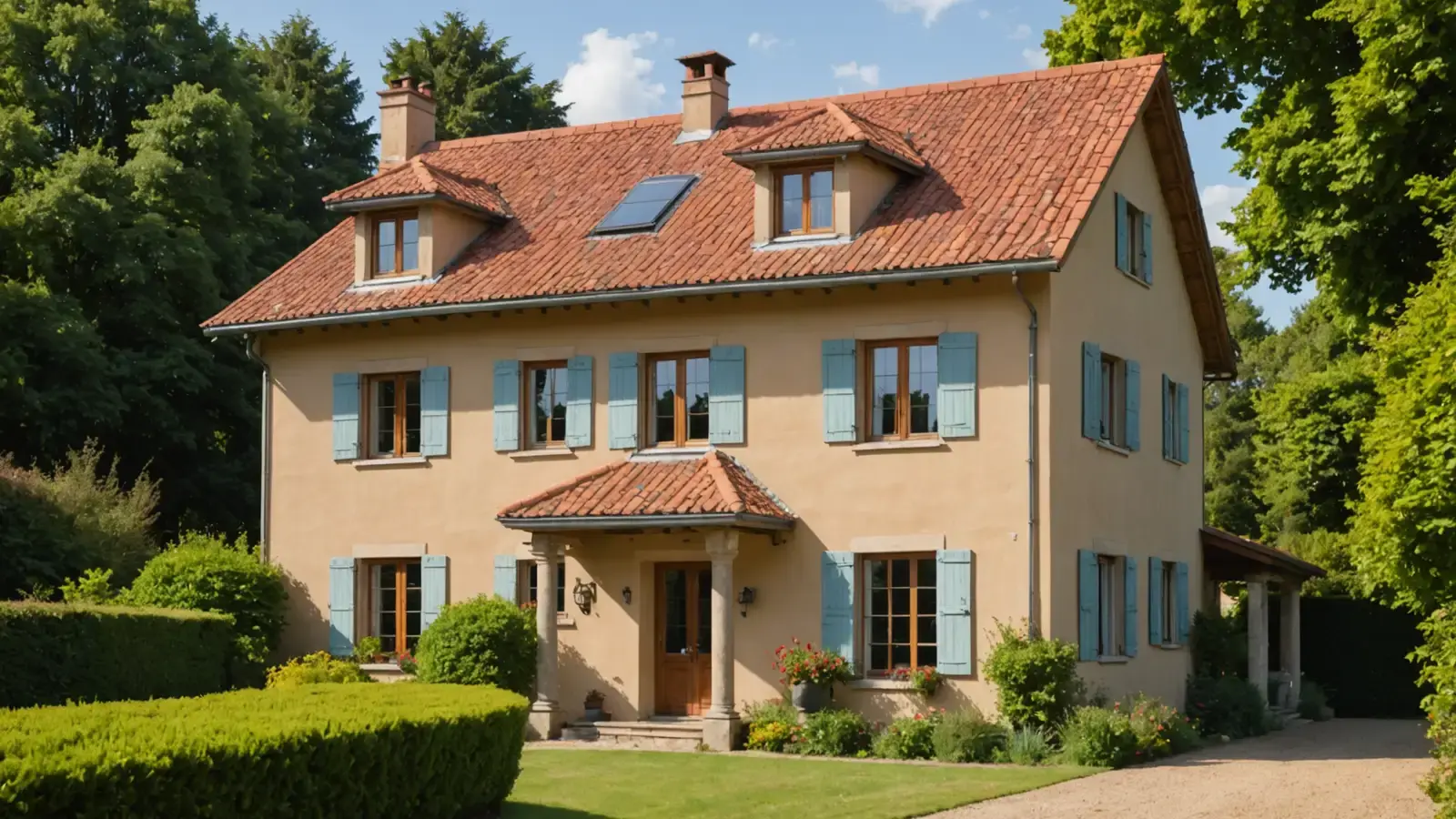Maison à étage aux volets bleus et au toit de tuiles rouges, vue depuis le jardin un après-midi d'été, sans échelle ni personne