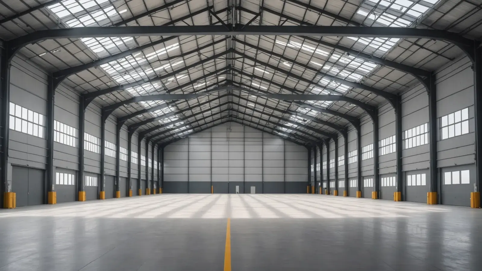 Entrepôt logistique vide à très grande hauteur sous plafond, charpente métallique et puits de lumière, sol de béton gris, sans engin ni personne