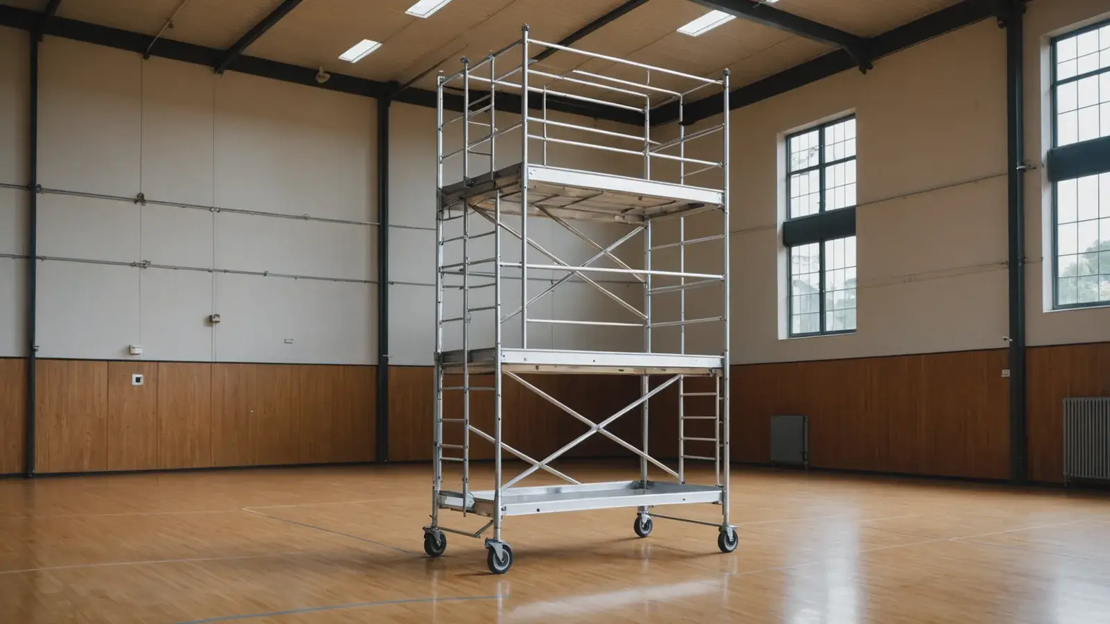 Échafaudage roulant en aluminium, garde-corps et roulettes, au milieu d'un gymnase vide