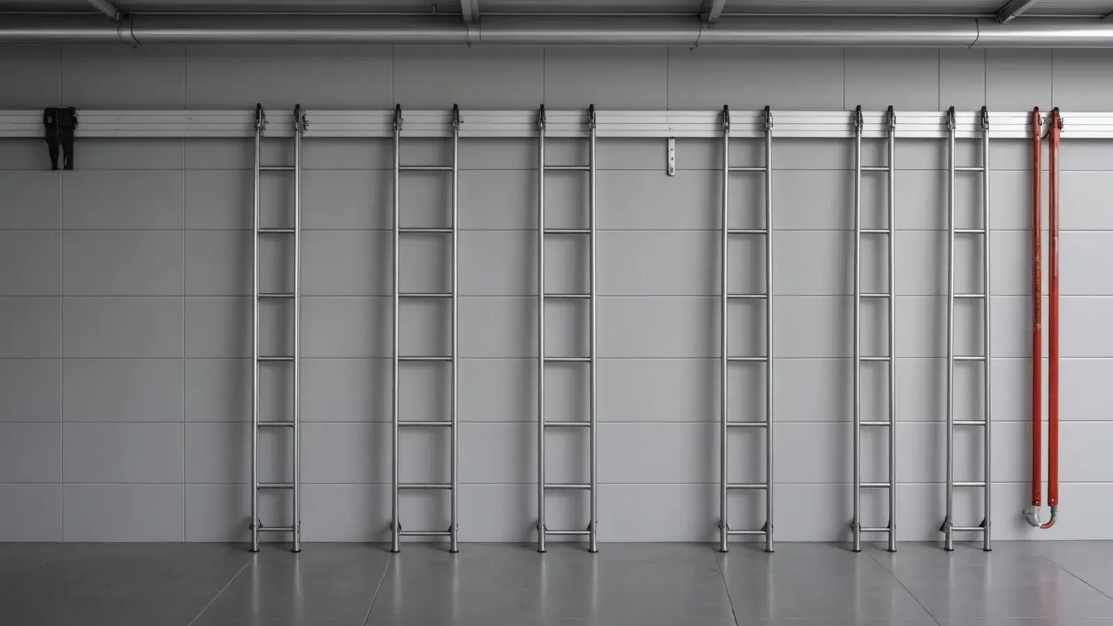 Échelles en aluminium de plusieurs longueurs suspendues côte à côte contre le mur d'un garage