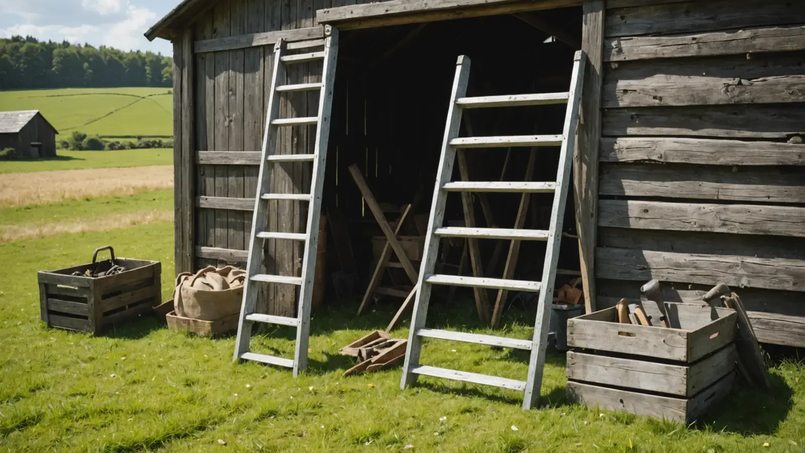 Deux vieilles échelles en aluminium appuyées contre une grange en bois, caisses d'outils dans l'herbe