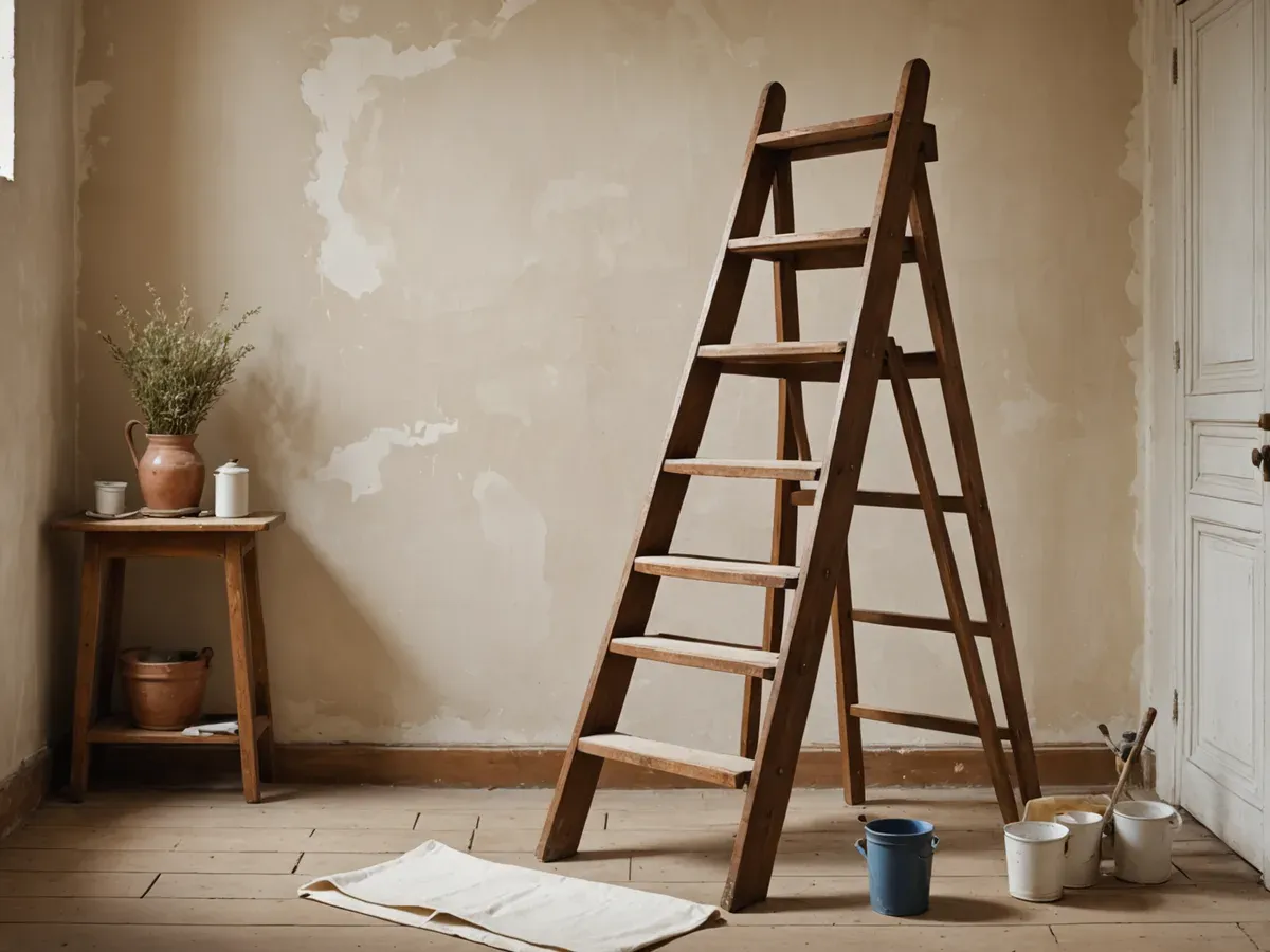 Illustration générée par IA d'un escabeau traditionnel en bois verni à tablette, ouvert dans une pièce en travaux : ne représente pas le modèle exact