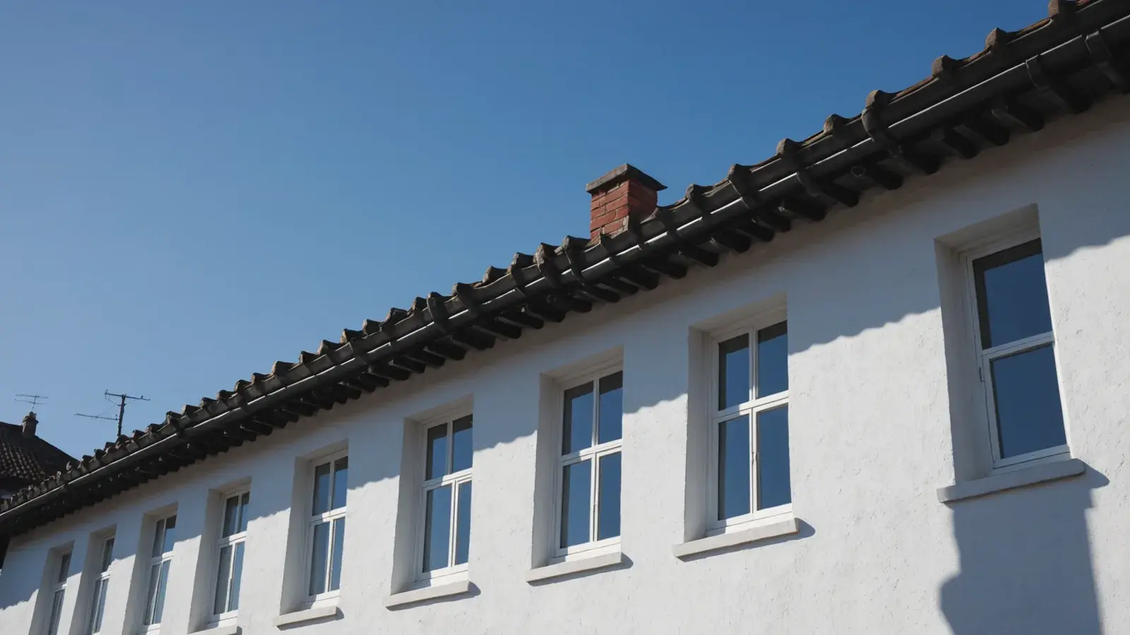 Ligne de gouttière d'une haute maison à étage vue d'en bas sur un ciel bleu profond