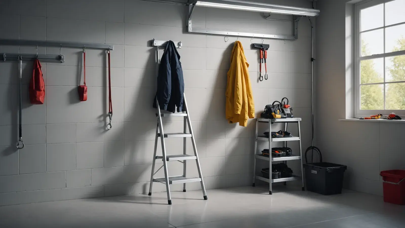 Escabeau en aluminium rangé contre le mur d'un garage, vestes et outils accrochés au-dessus